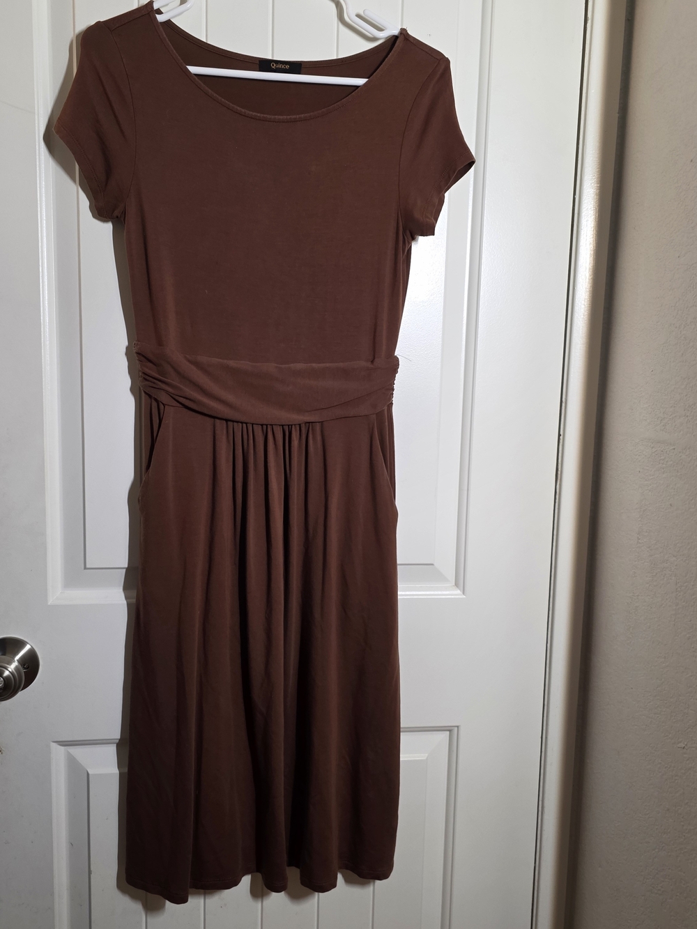 Quince Chocolate Brown Short-Sleeve Gathered-Waist A-Line Dress